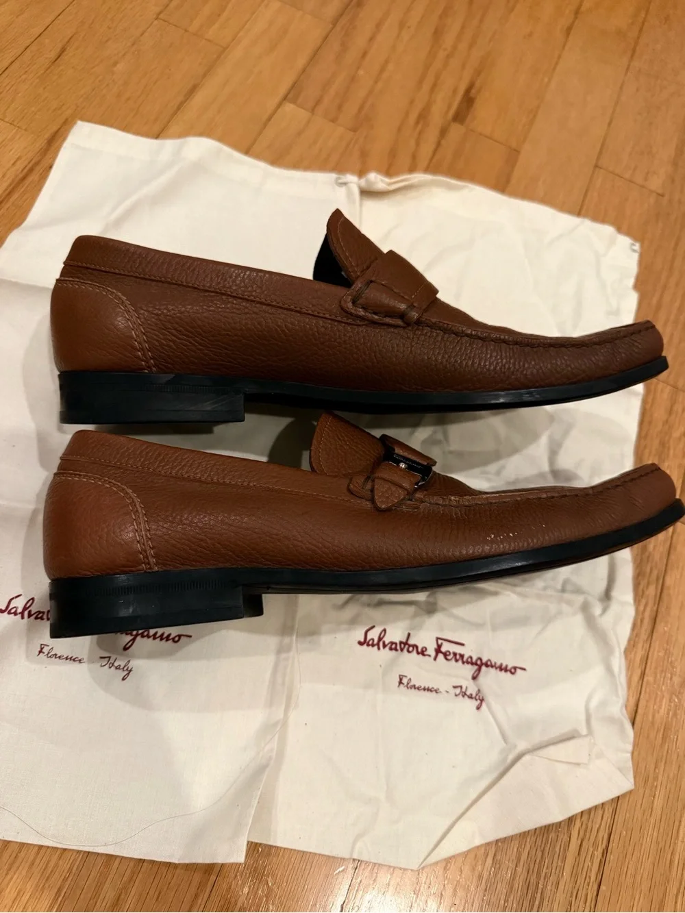 Salvatore Ferragamo Chestnut Brown Pebbled Leather Bit Loafers